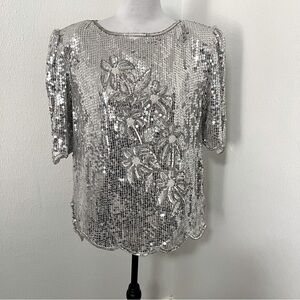Vintage Women’ 80s Silver Sequin Beaded Flower Design Top Blouse Medium 100 Silk